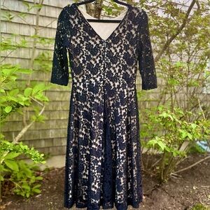 Melrose Social Long  Black Lace Dress With Nude Lining. Stretchy, V Neck, Size 8